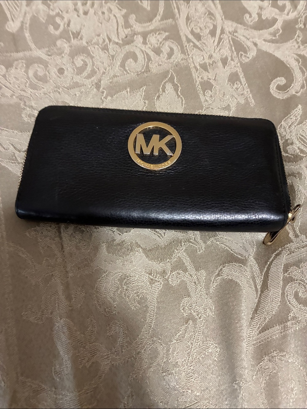 Michael Kors Black Leather Zip Wallet with Gold MK Emblem